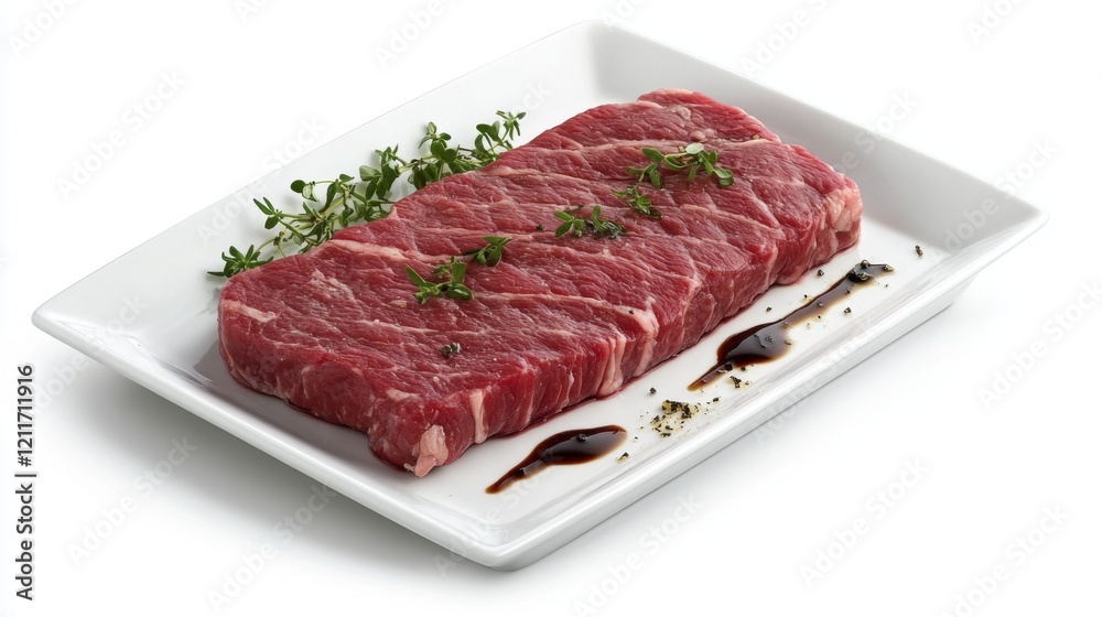 A perfectly grilled steak displayed on a pristine white plate, garnished with fresh herbs and a drizzle of balsamic glaze, emphasizing the dish's mouthwatering appeal. A perfectly grilled steak displayed on a pristine white plate, garnished with fresh herbs and a drizzle of balsamic glaze, emphasizing the dish's mouthwatering appeal.
