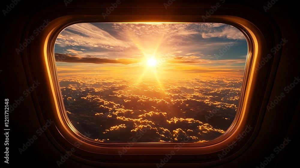 Breathtaking Sunrise View from Airplane Window Above Clouds Breathtaking Sunrise View from Airplane Window Above Clouds