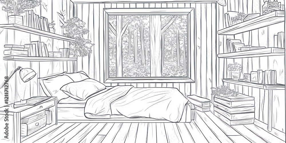 Fototapeta premium Cozy Wooden Cabin Bedroom with Forest View