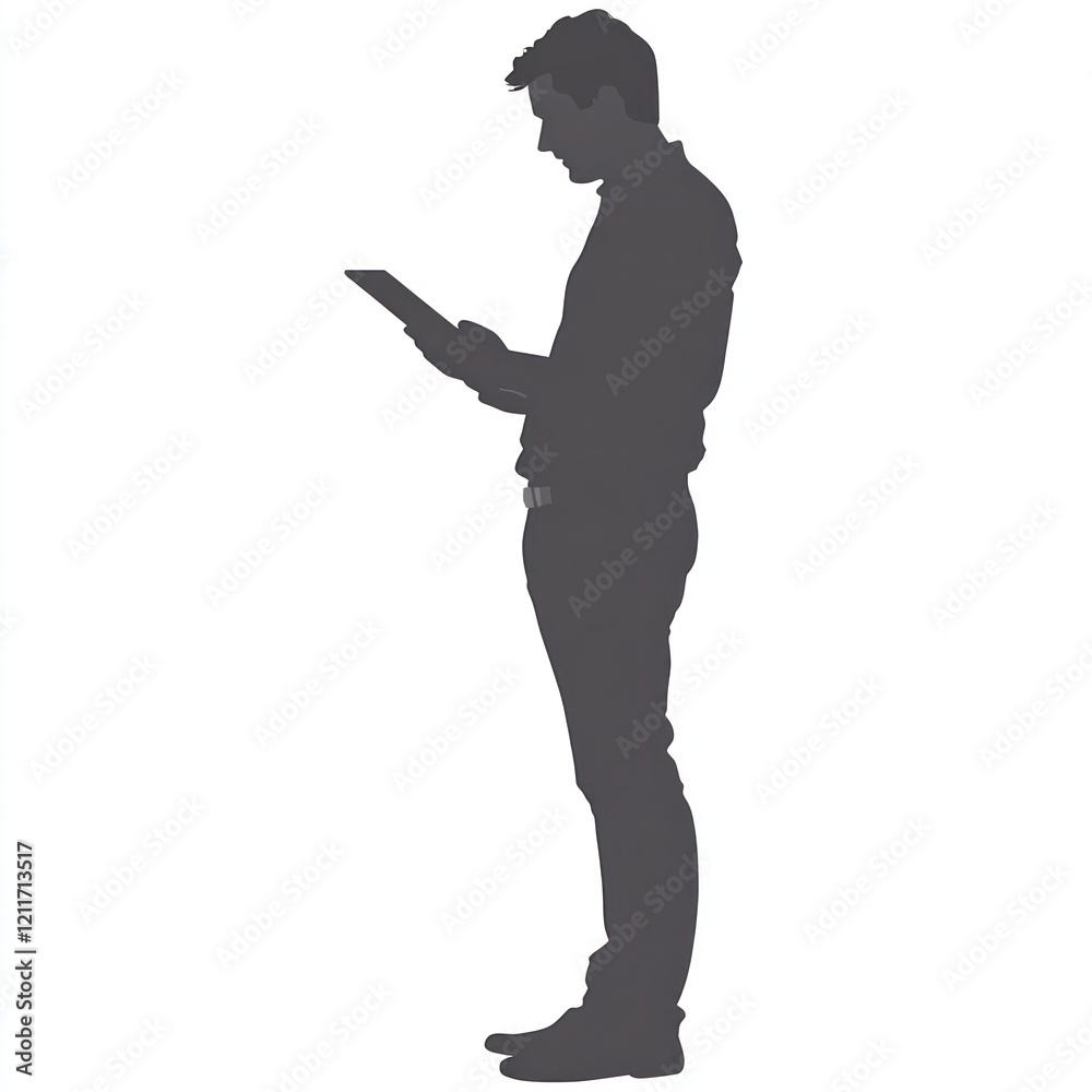Man using tablet, profile view, isolated, white background, digital media. Man using tablet, profile view, isolated, white background, digital media.