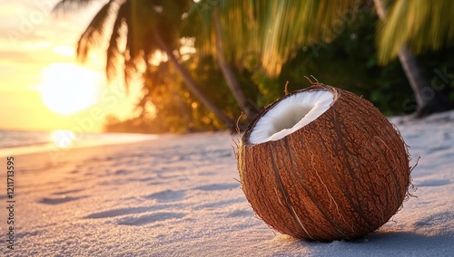 Half coconut on tropical beach at sunset.