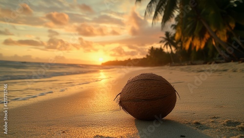 Coconut on sandy beach at sunset.