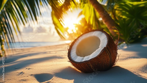 Sunset, tropical beach, coconut, sand, palm trees.