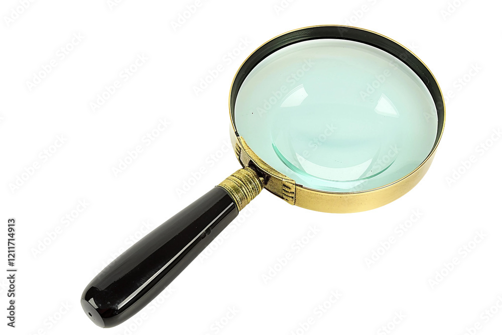 Practical magnifying glass with black handle showcasing its optical features isolated on transparent background Practical magnifying glass with black handle showcasing its optical features isolated on transparent background