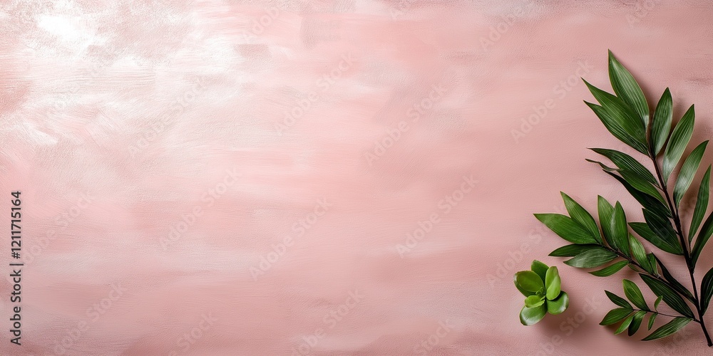 Fototapeta premium A pink background with a leafy green plant on top