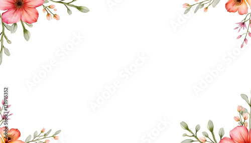 A seamless watercolor floral border with a variety of vibrant flowers and subtle greenery, designed to frame text or images on a white background