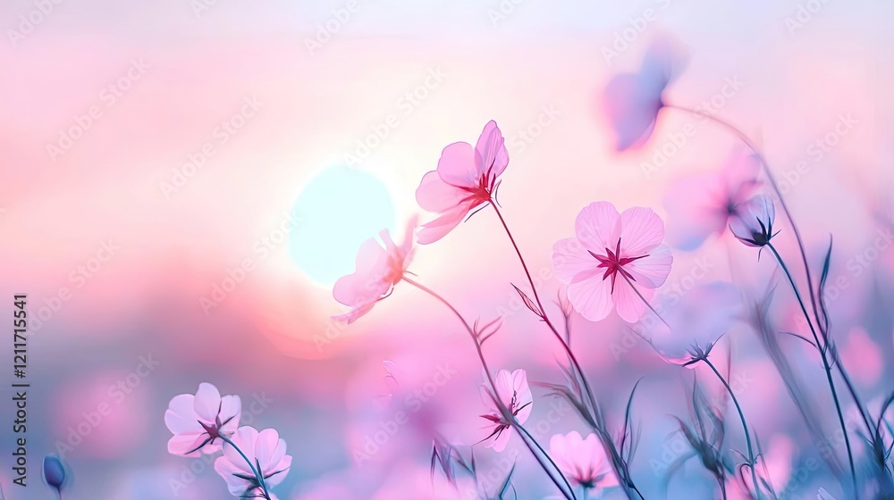 Obraz premium Pastel spring idea. Delicate flowers gently illuminated by the soft glow of a colorful sunset.