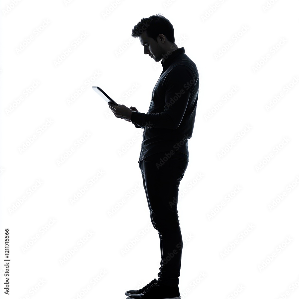 Man uses tablet, studio shot, white background, digital communication. Man uses tablet, studio shot, white background, digital communication.