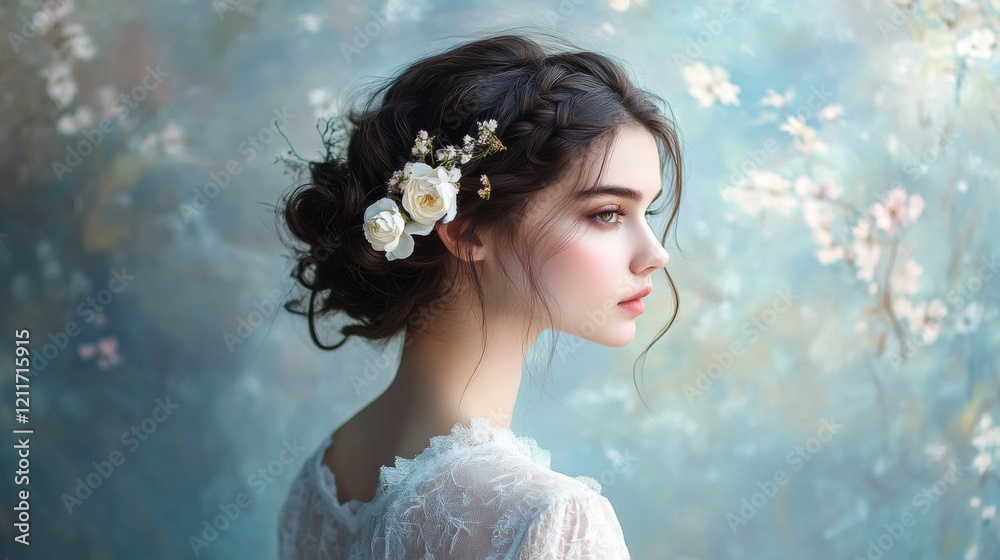 A serene portrait of a woman with an elegant updo, featuring soft curls and pinned flowers, set against a dreamy backdrop for a romantic atmosphere. A serene portrait of a woman with an elegant updo, featuring soft curls and pinned flowers, set against a dreamy backdrop for a romantic atmosphere.