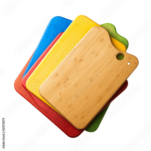 A collection of colorful cutting boards stacked together, featuring a wooden board among them.