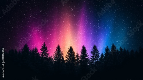 Vibrant Northern Lights Above Forest Silhouette Against Starry Night Sky photo