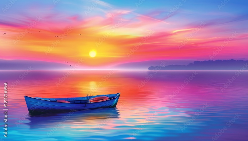 A single blue boat floats on a calm lake at sunset, reflecting the vibrant colors of the sky. A single blue boat floats on a calm lake at sunset, reflecting the vibrant colors of the sky.