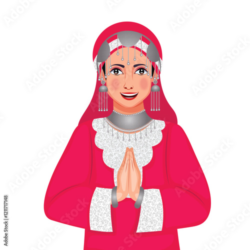 Kashmiri Women Greeting Namaste Character Vector Illustration