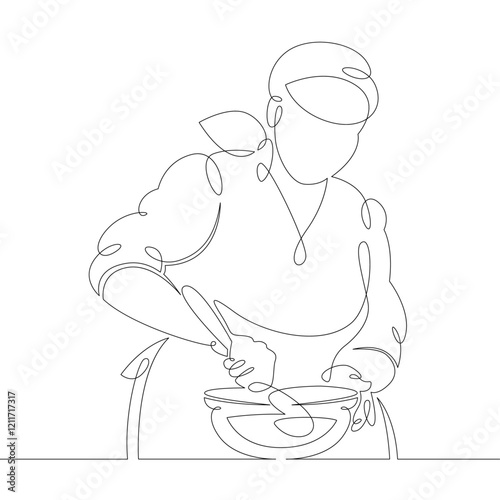 Young woman girl cook pastry chef prepares food in the kitchen. One continuous drawing line, logo single hand drawn art doodle isolated minimal illustration.