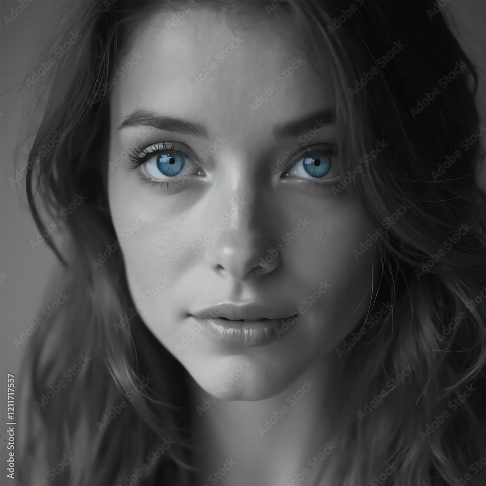 Fototapeta premium black and white portrait of a woman with bright blue eyes 