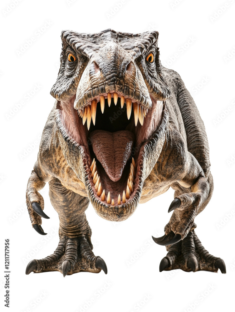 T-Rex roaring aggressively in a striking, lifelike depiction of a dinosaur isolated on transparent background T-Rex roaring aggressively in a striking, lifelike depiction of a dinosaur isolated on transparent background