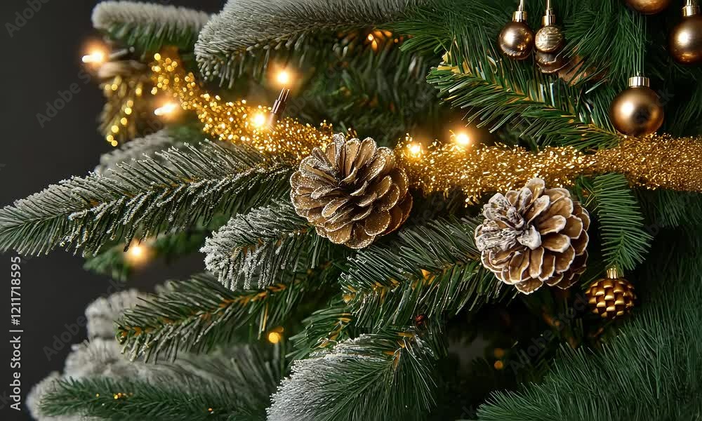 Festive greenery adorned with sparkling lights and golden accents showcasing pine cones creating a cozy holiday atmosphere