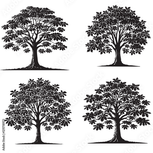 High-Quality Monochrome Vector Silhouettes of the Buckeye Tree Isolated on a White Background"