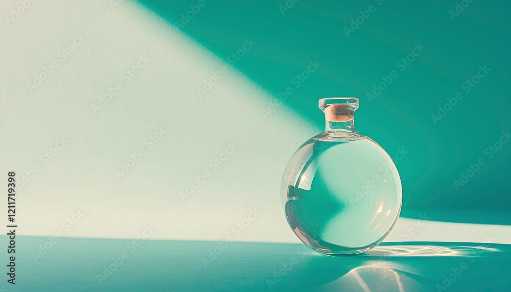 Glass bottle with liquid sits on teal surface Glass bottle with liquid sits on teal surface