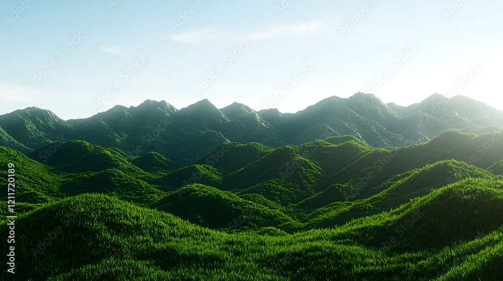 Obraz premium Lush Green Mountain Landscape with Rolling Hills and Clear Sky