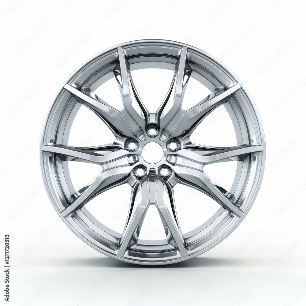 Chrome alloy wheel rim with innovative design stands on white background, showcasing modern automotive aesthetics Chrome alloy wheel rim with innovative design stands on white background, showcasing modern automotive aesthetics