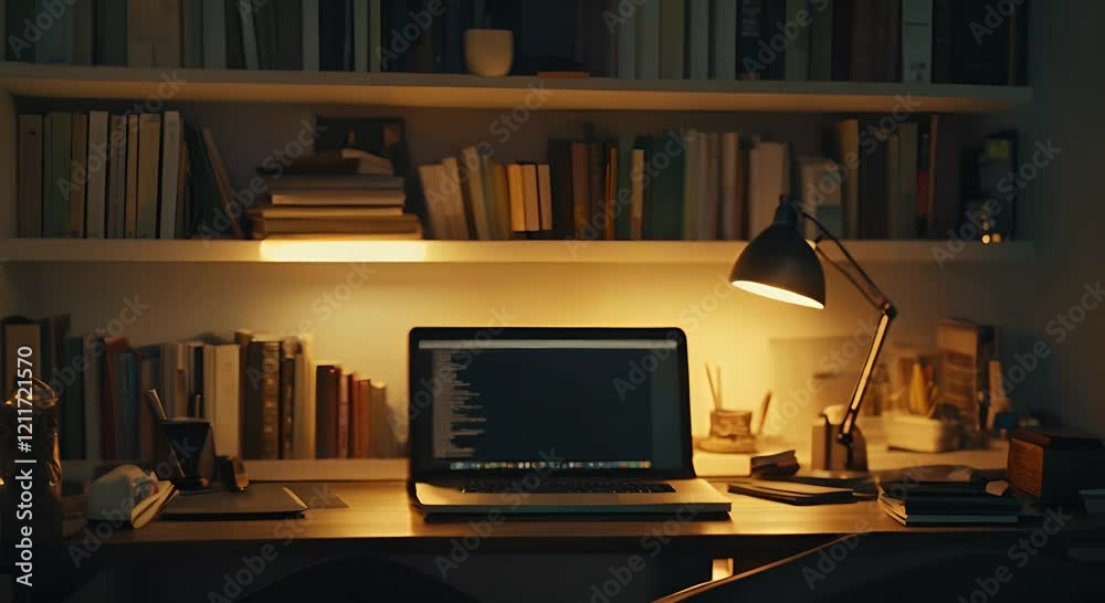 Laptop on desk in a library surrounded by books Laptop on desk in a library surrounded by books