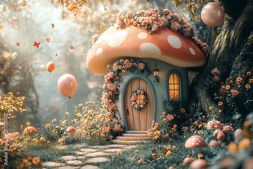 Adorable fairy tale mushroom house backdrop perfect for baby photoshoot.