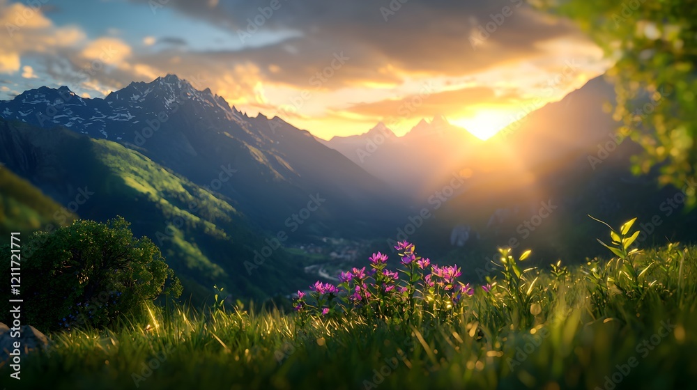 Obraz premium Breathtaking Sunrise Over Majestic Mountains with Vibrant Wildflowers