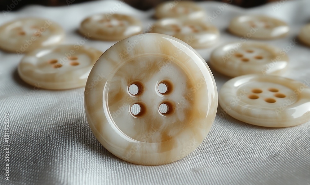 Cream-colored buttons, four holes, scattered fabric.