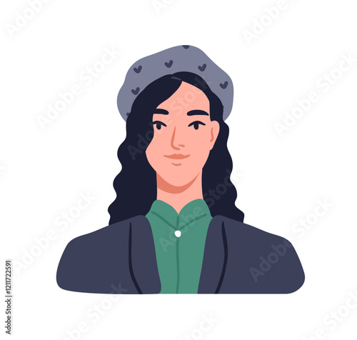 Young woman in beret hat, head portrait. Smiling female character with long w...