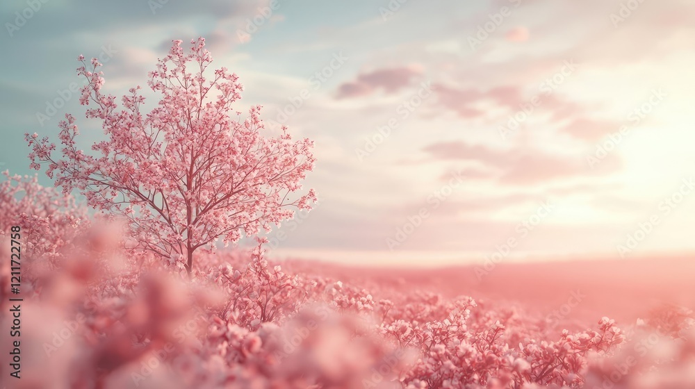 Fototapeta premium Pastel spring idea. A serene landscape featuring a blossoming pink tree under a soft pastel sky.