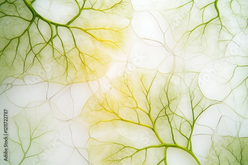 Delicate translucent leaf structures with green and yellow veins, arranged on a white surface photo