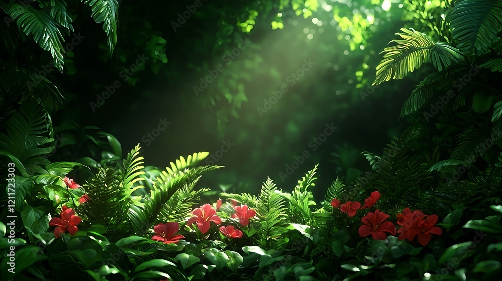 Lush Green Forest with Vibrant Red Blooms and Sunlight Beams Lush Green Forest with Vibrant Red Blooms and Sunlight Beams