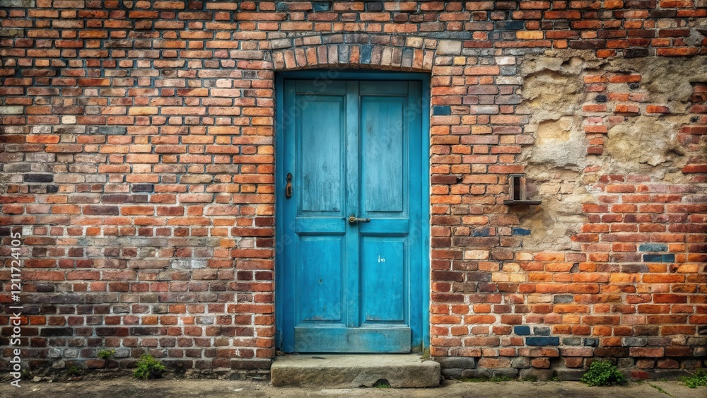 A weathered blue door set within an aged brick wall, showcasing the passage of time and enduring structure A weathered blue door set within an aged brick wall, showcasing the passage of time and enduring structure