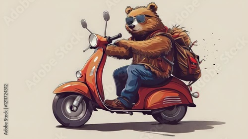 cute cool bear rides on scooter, video, light background 