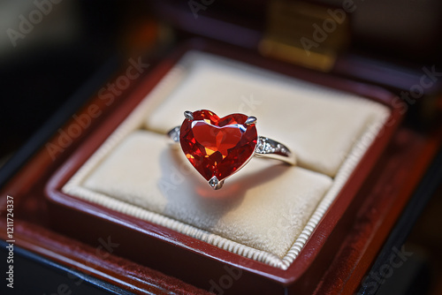 Beautiful silver Valentine's day ring with red heart shaped gem stone in jewelery box photo