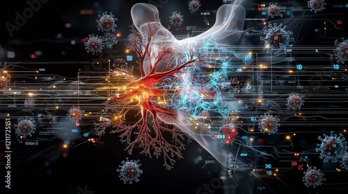 A Unique Concept of Love and Science Merged in a Heart Design Surrounded by an Intricate Network of Neurons Depicted in an X-Ray Style