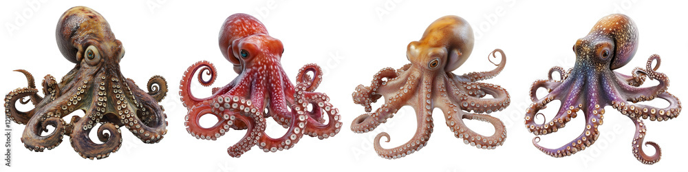 Obraz premium Marine animals fish species clip art collection. Ultra-detailed illustration of an intelligent octopus in a sea environment.