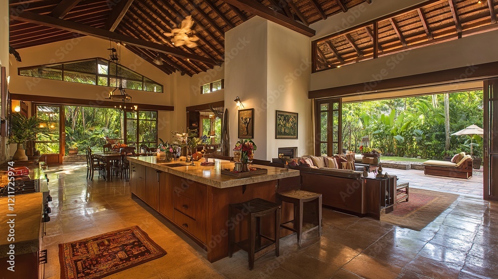 Obraz premium Luxurious open-plan home interior with high ceilings, hardwood floors, kitchen island, and expansive views of a tropical garden.