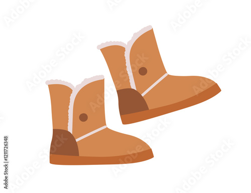 Winter boots pair with fur lining. Warm comfortable footwear design for cold weather. Stylish casual cozy fleece foot wear. Soft footgear. Flat vector illustration isolated on white background