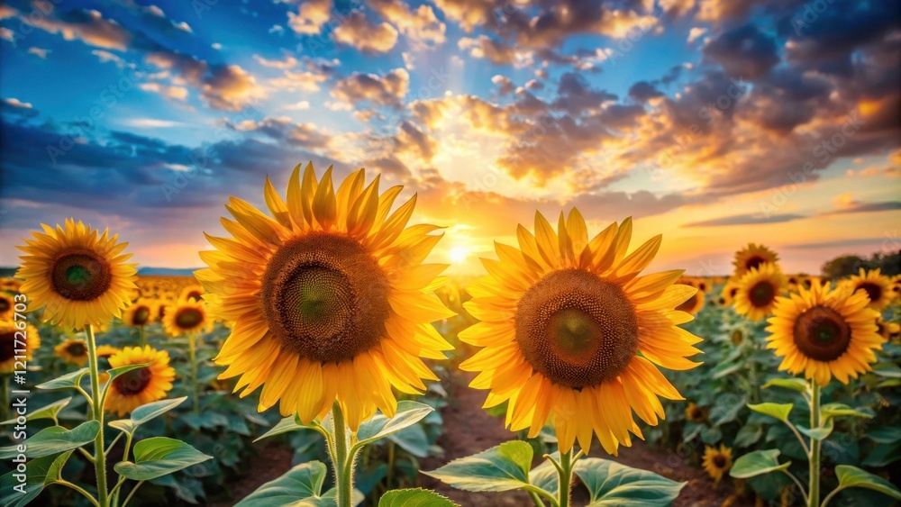 Fototapeta premium Golden Sunflowers Basking in the Evening Glow, a Serene Field at Sunset