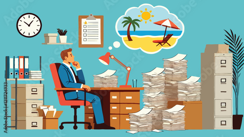 a man sits in an office with a lot of documents piled up, imagining a beach holiday