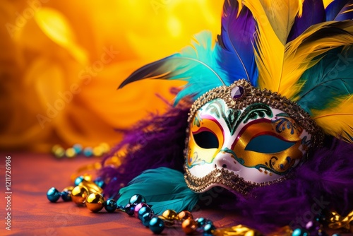 Festive mardi gras mask with colorful feathers and beads, celebrating the vibrant spirit of carnival photo