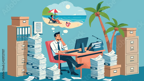 a man sits in an office with a lot of documents piled up, imagining a beach holiday