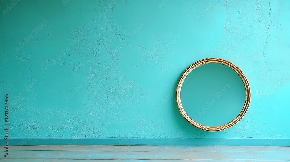 Round Mirror Against Teal Wall and Wooden Floor Round Mirror Against Teal Wall and Wooden Floor