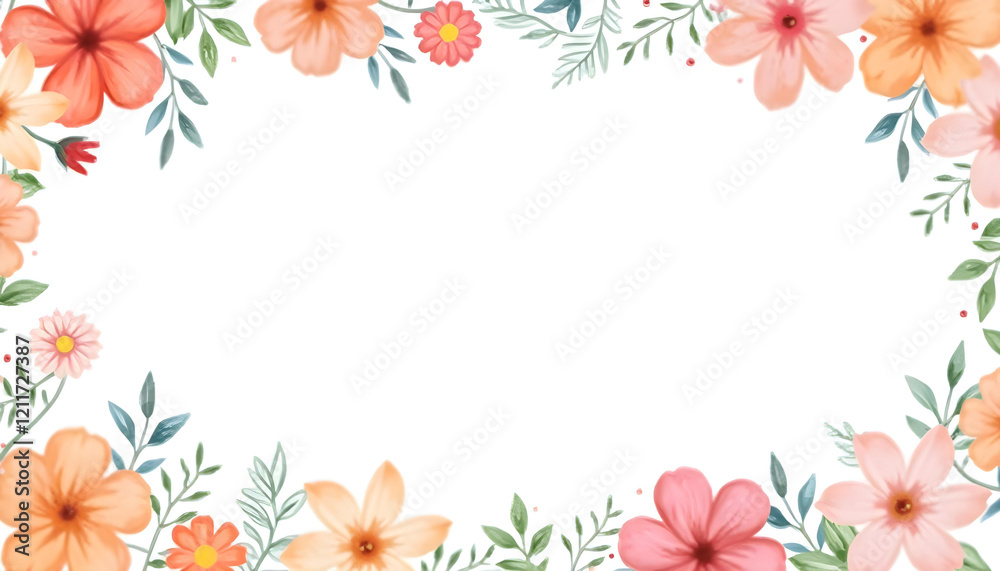 Naklejka premium A seamless watercolor floral border with a variety of vibrant flowers and subtle greenery, designed to frame text or images on a white background