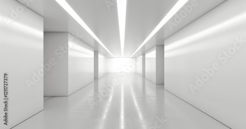 A minimalist corridor with bright lighting and reflective surfaces.