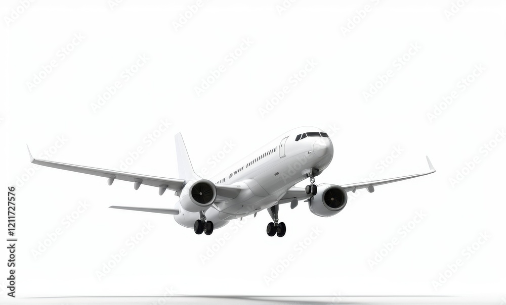 A white airplane in flight against a white background...Concept: Commercial aviation, airplane in the sky. A white airplane in flight against a white background...Concept: Commercial aviation, airplane in the sky.