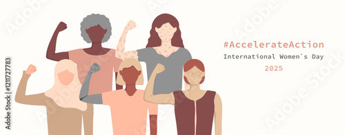 Banner International Women's Day 2025. AccelerateAction template with diversity woman. IWD Accelerate Action. Women of different ethnicitie. March 8 Faceless girl minimalist design.