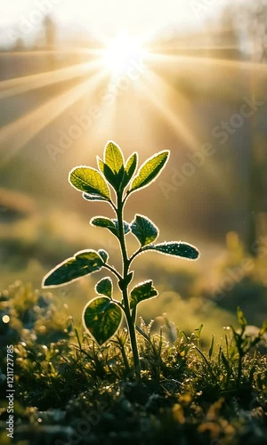 Fresh green plant illuminated by sunlight with radiant beams in a tranquil outdoor setting during early morning hours symbolizing growth and new beginnings in nature